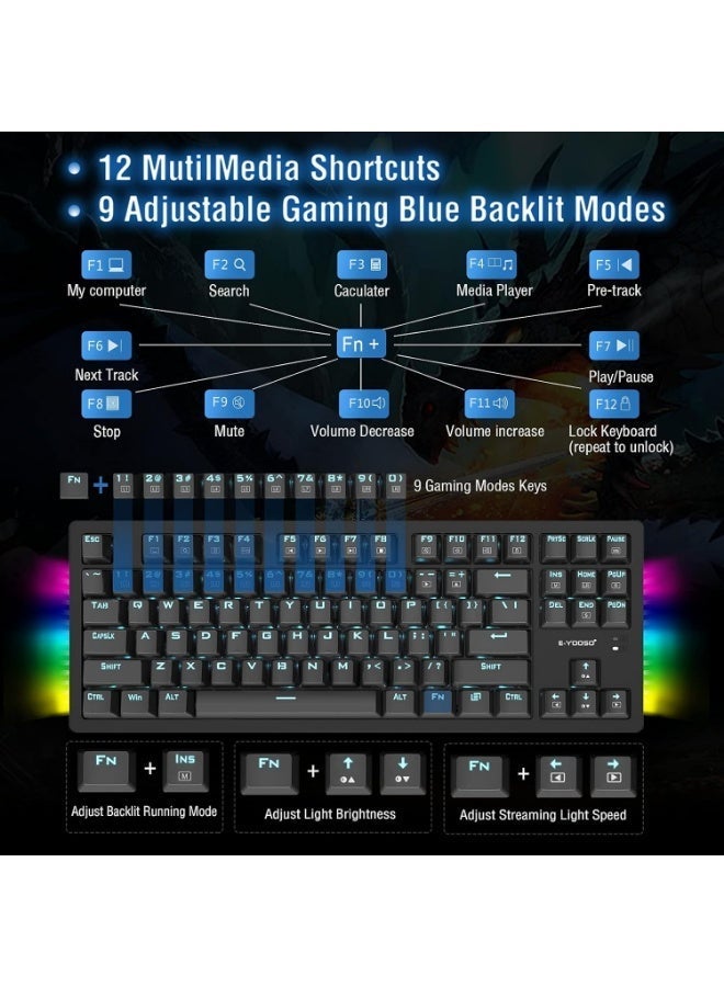 إي-يوسو طقم لوحة مفاتيح وماوس للألعاب، لوحة مفاتيح TKL سلكية USB مزودة بمفاتيح ميكانيكية زرقاء قابلة للتبديل السريع من OUTEMU، باللغة الإنجليزية، 87 مفتاحًا، بإضاءة خلفية زرقاء وإضاءة جانبية RGB، دقة 4000 نقطة في البوصة، ماوس بتصميم خلية النحل + لوحة ماوس | أسود - Image 5
